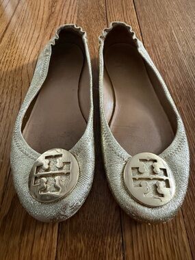 Tory Burch Metallic Gold Leather Logo Ballet Flats